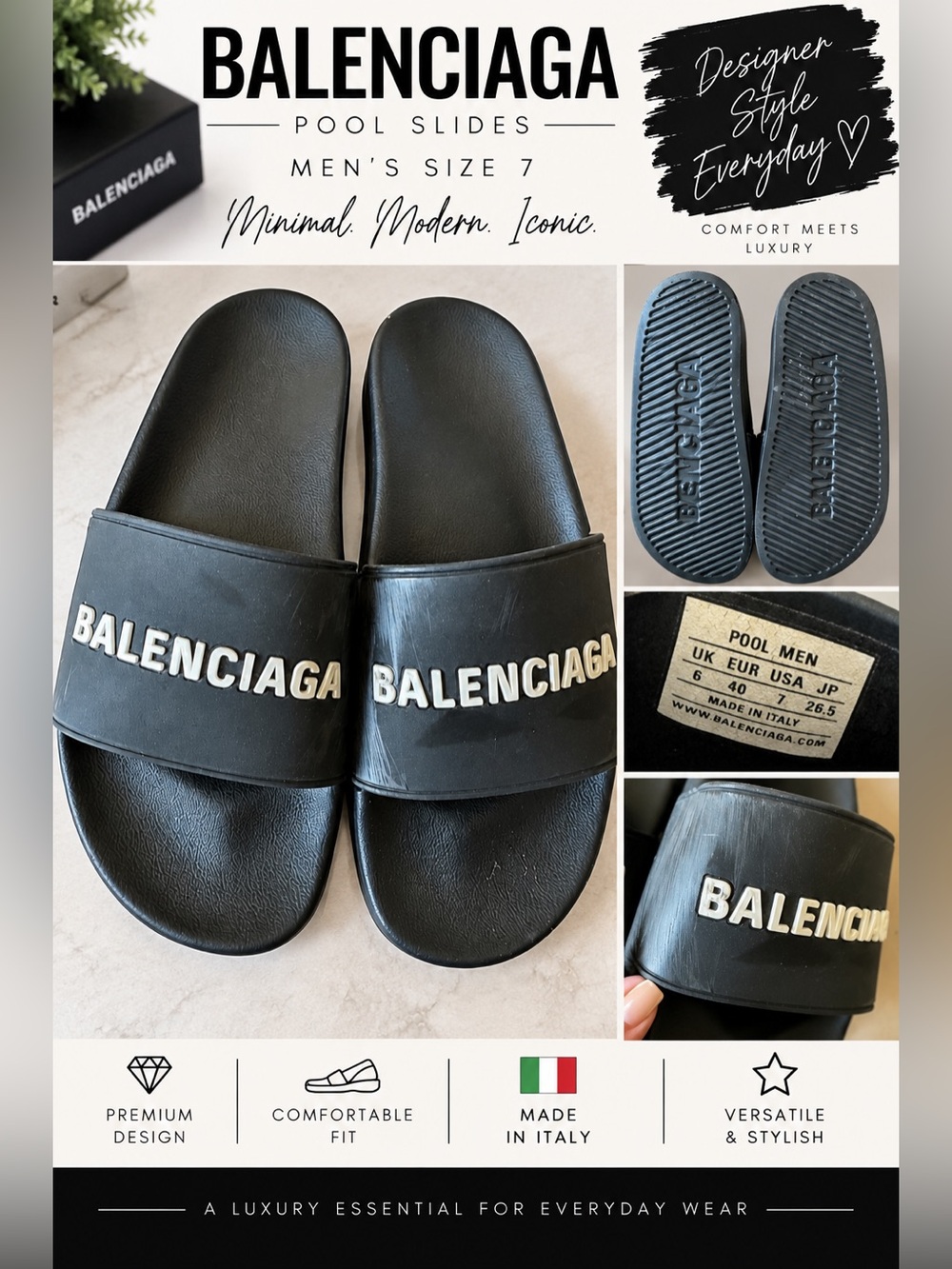 BALENCIAGA Pool side sandals sz 7 men or 9 women made in italy